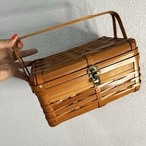 8"x5"x4" Double‎ Handle Bamboo Basket Snap Lock Storage Japan Vintage